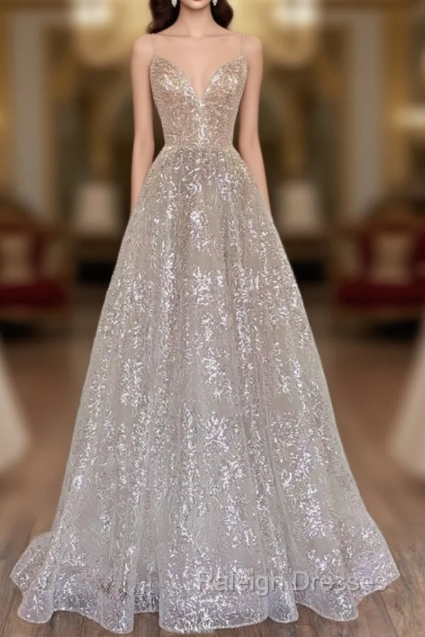 A-Line Tulle Sequins Long Prom Dress, Spaghetti Strap Backless Evening Dress