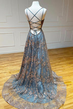 A Line Tulle Sequins Long Prom Dress, V Neck Backless Prom Dress