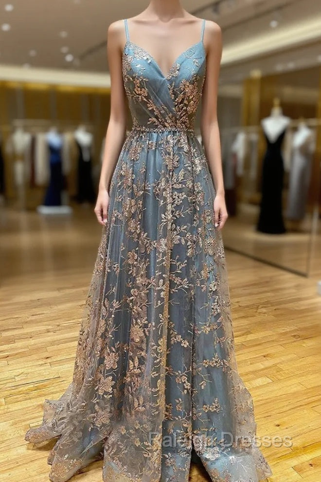 A Line Tulle Sequins Long Prom Dress, V Neck Backless Prom Dress Main image
