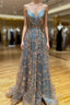 A Line Tulle Sequins Long Prom Dress, V Neck Backless Prom Dress