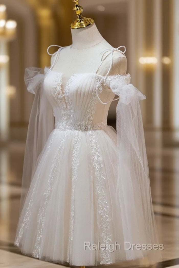 A Line Tulle Short Champagne Prom Dresses, Off Shoulder Lace Puffy Homecoming Dresses