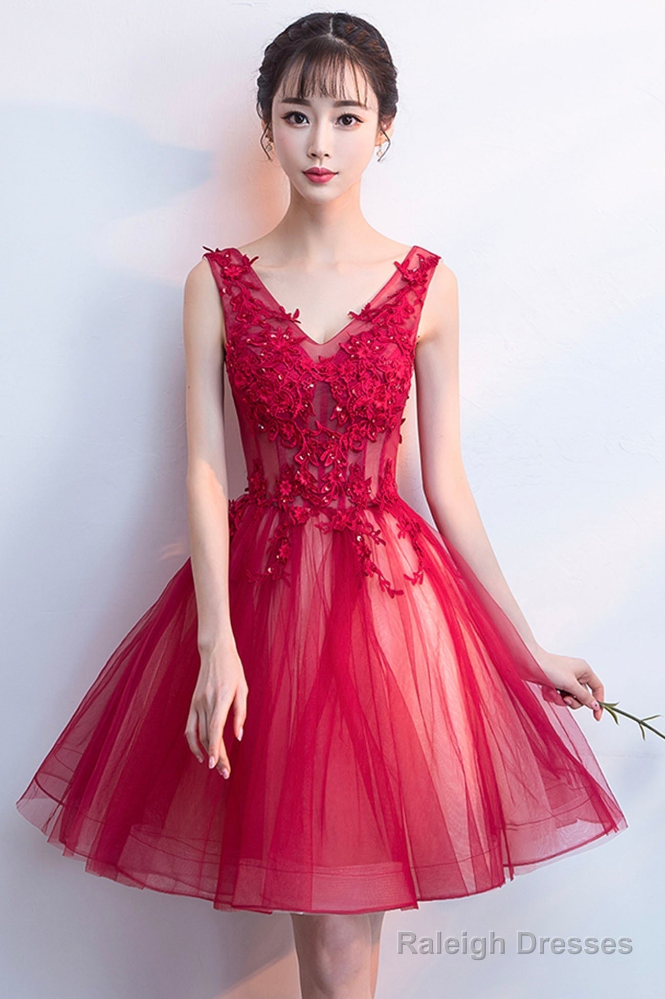 A-Line Tulle Short Prom Dress, V-Neck Lace Mini Party Dress Secondary image