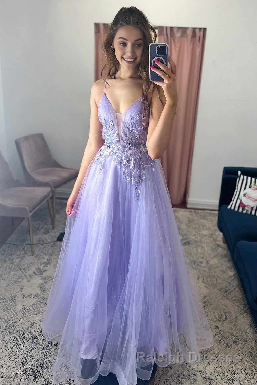 A Line Tulle Spaghetti Straps Lilac Long Prom Dress with Appliques