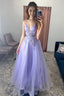 A Line Tulle Spaghetti Straps Lilac Long Prom Dress with Appliques