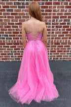 A Line Tulle Spaghetti Straps Pink Long Prom Dress with Appliques
