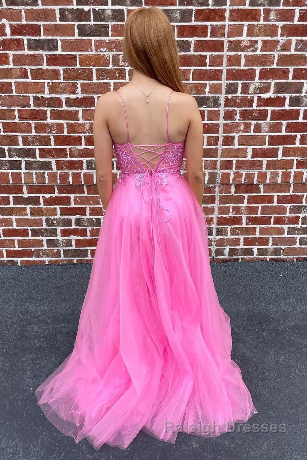 A Line Tulle Spaghetti Straps Pink Long Prom Dress with Appliques