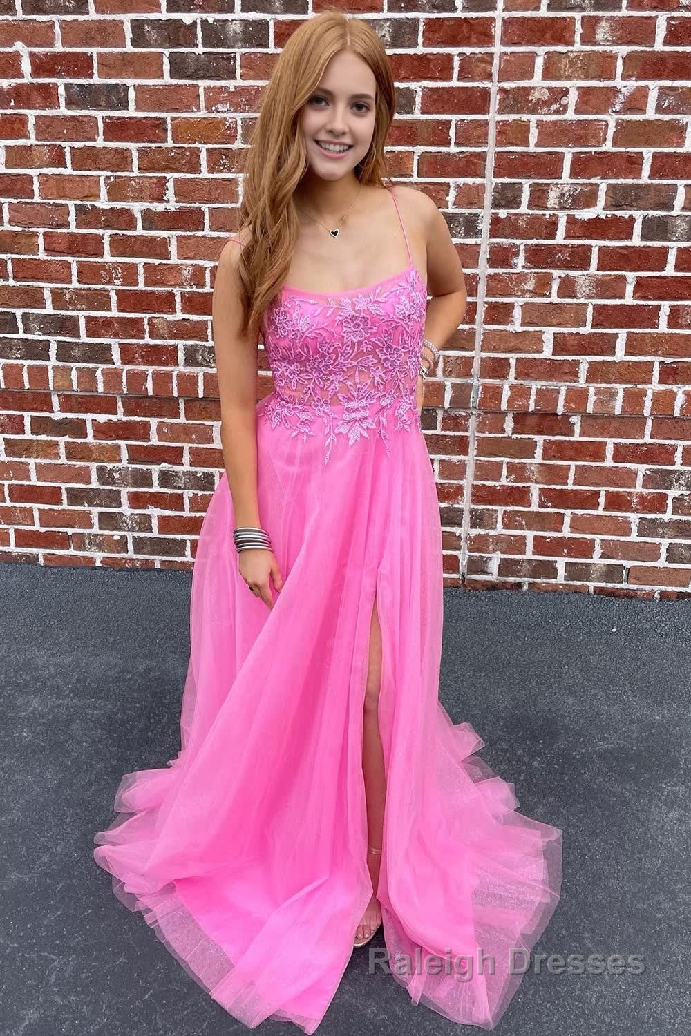 A-Line Tulle Spaghetti Straps Pink Long Prom Dress with Appliques Main image