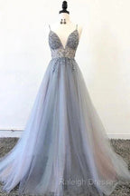 A Line Tulle Spaghetti Straps V Neck Appliques Long Prom Dress Beautiful