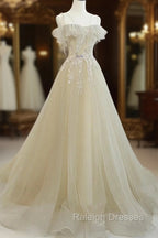 A-Line Tulle Straps Beaed Lace Long Formal Dress, Tulle Evening Dress Prom Dress