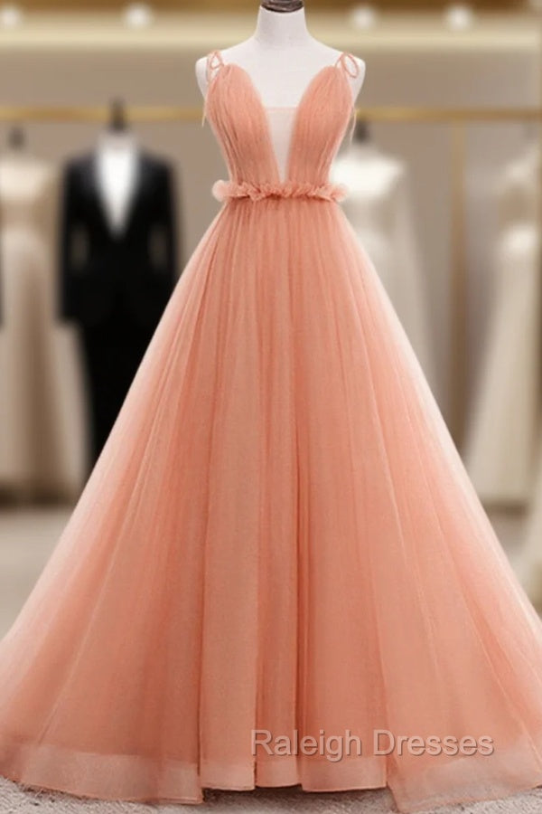 A-line Tulle Straps Low Back Long Wedding Party Dress, Pink Tulle Long Prom Dress Main image