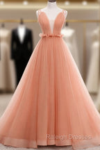 A-line Tulle Straps Low Back Long Wedding Party Dress, Pink Tulle Long Prom Dress