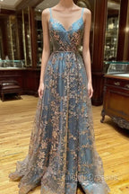 A-line Tulle Straps Sequins Lace Prom Dress Split Evening Dress