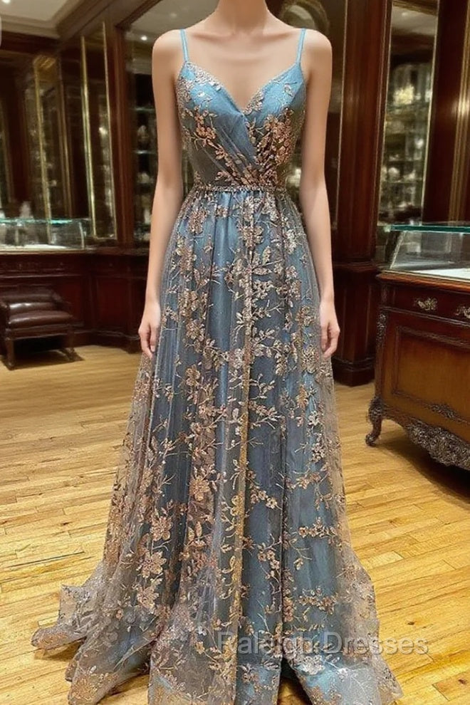 A Line Tulle Straps Sequins Lace Prom Dress Split Prom Dress Main image