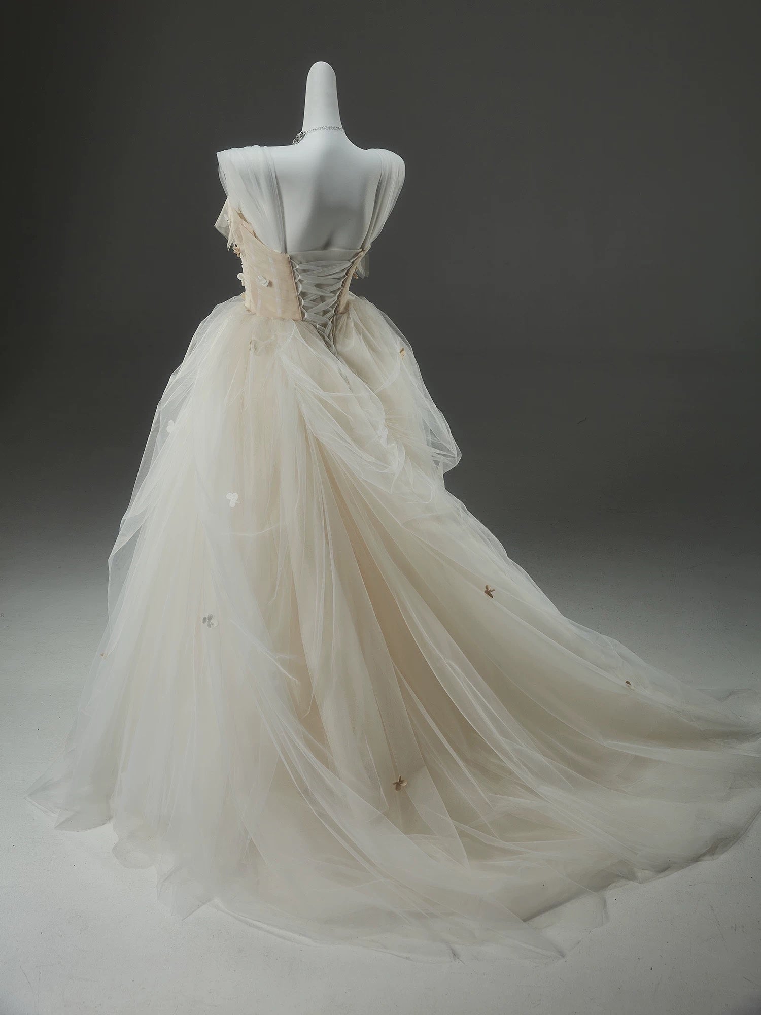 A-Line Tulle Sweep Train Champagne Long Formal Prom Dress With Applique Secondary image