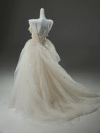 A-Line Tulle Sweep Train Champagne Long Formal Prom Dress With Applique