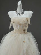 A-Line Tulle Sweep Train Champagne Long Formal Prom Dress With Applique