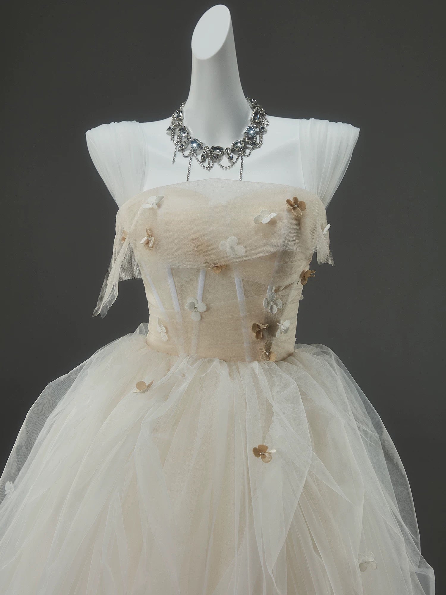 A-Line Tulle Sweep Train Champagne Long Formal Prom Dress With Applique
