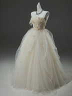 A-Line Tulle Sweep Train Champagne Long Formal Prom Dress With Applique