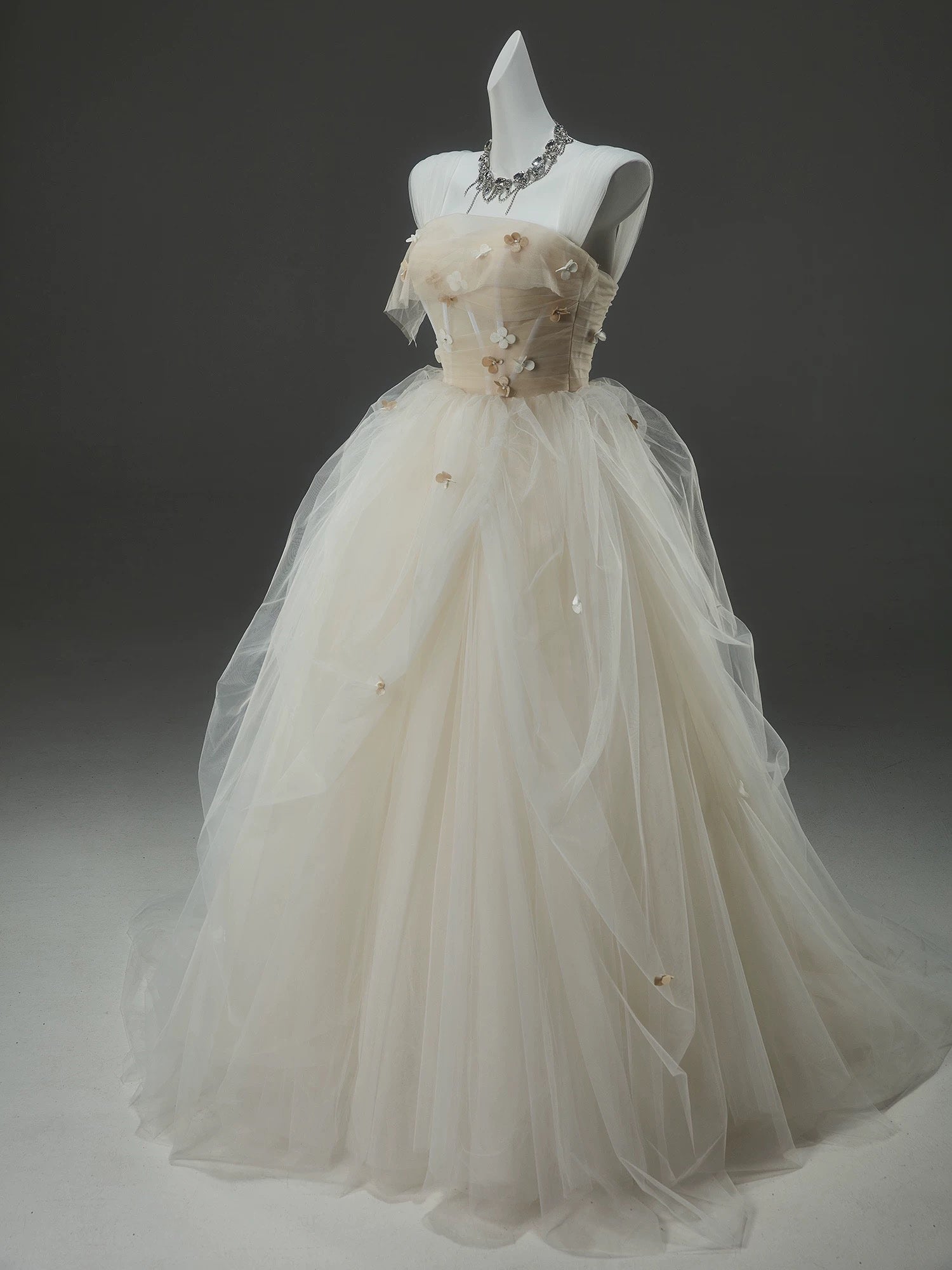 A-Line Tulle Sweep Train Champagne Long Formal Prom Dress With Applique