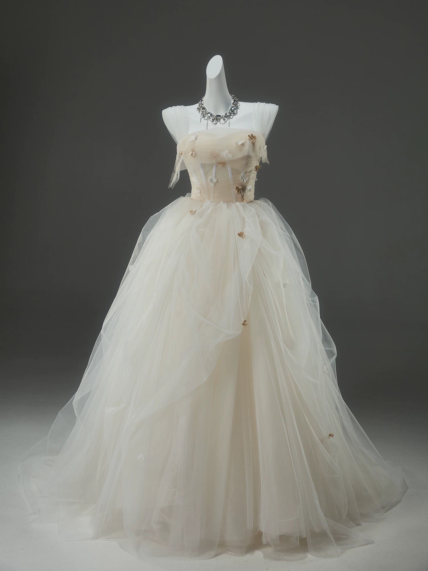 A-Line Tulle Sweep Train Champagne Long Formal Prom Dress With Applique Main image