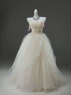 A-Line Tulle Sweep Train Champagne Long Formal Prom Dress With Applique
