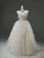 A-Line Tulle Sweep Train Champagne Long Formal Prom Dress With Applique