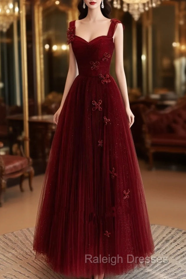 A-Line Tulle Sweetheart Straps Long Formal Dress, Wine Red Evening Dress Prom Dress
