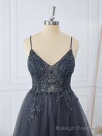 A-line Tulle V-neck Beading Short/Mini Dress