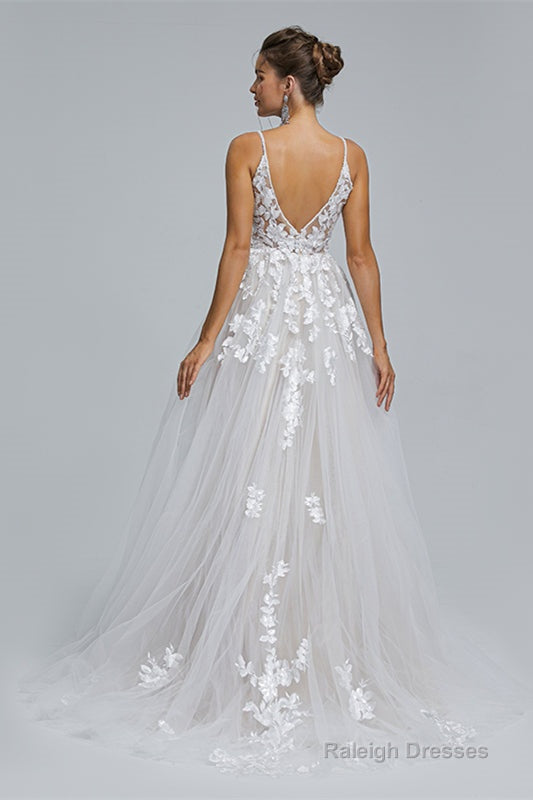 A-Line Tulle V-Neck Lace Beaded Flower Wedding Dresses Main image