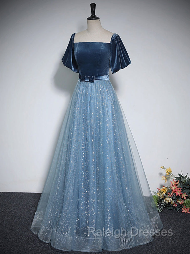A-Line Tulle Velvet Blue Long Prom Dress, Blue Tulle Formal Dress Secondary image