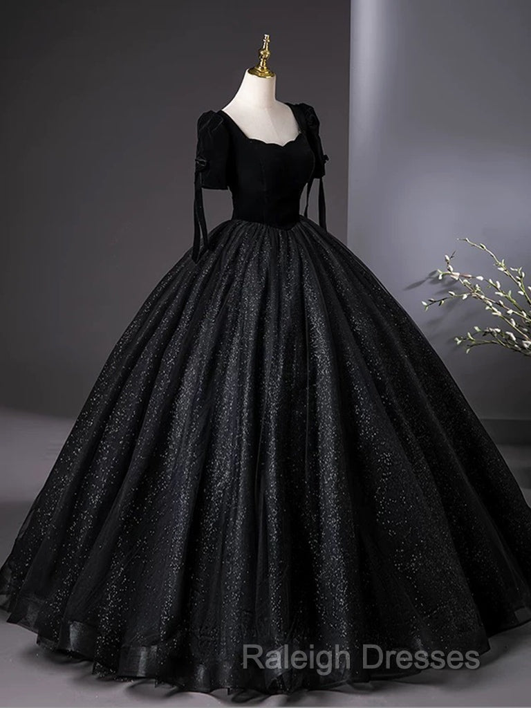 A-Line Tulle Velvet Sequin Black Long Prom Dress, Black Long Evening Dress Secondary image