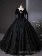 A-Line Tulle Velvet Sequin Black Long Prom Dress, Black Long Evening Dress