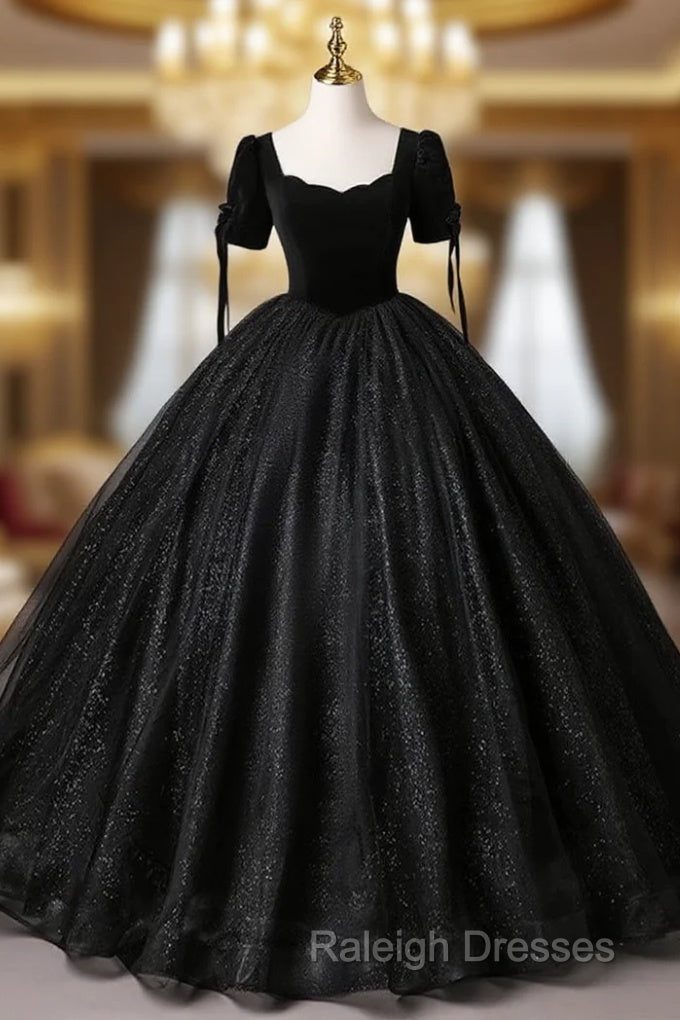 A-Line Tulle Velvet Sequin Black Long Prom Dress, Black Long Evening Dress