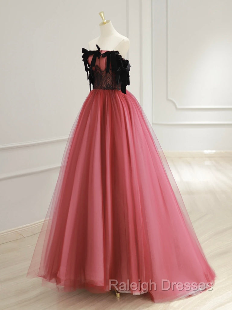 A-Line Tulle Watermelon Red Long Prom Dress, Watermelon Red Tulle Long Formal Dress Secondary image