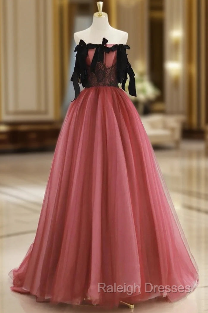 A-Line Tulle Watermelon Red Long Prom Dress, Watermelon Red Tulle Long Formal Dress