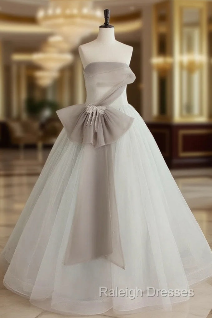 A-Line Tulle White Long Prom Dress, White Formal Party Dress Main image