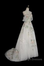 A-Line Tulle With Flower Lace White Wedding Prom Dresses White Tulle Prom Dresseses