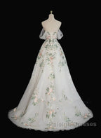 A-Line Tulle With Flower Lace White Wedding Party Dress, White Tulle Evening Dress Prom Dress