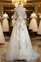 A-Line Tulle With Flower Lace White Wedding Prom Dresses White Tulle Prom Dresseses