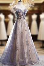 A Line Tulle with Lace Applique Prom Dress, Tulle Long Prom Dress