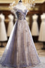 A Line Tulle with Lace Applique Prom Dress, Tulle Long Prom Dress