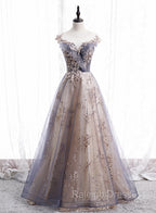 A Line Tulle with Lace Applique Prom Dress, Tulle Long Prom Dress
