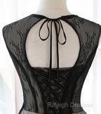 A-line Tulle with Lace Round Neckline Floor Length Party Dress, Black Prom Dress