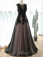 A-Line Tulle With Lace Round Neckline Floor Length Party Dress Black Prom Dress Formal Dress