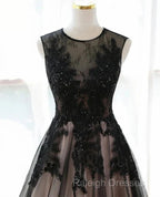 A-Line Tulle With Lace Round Neckline Floor Length Prom Dresses Black Prom Dresseses