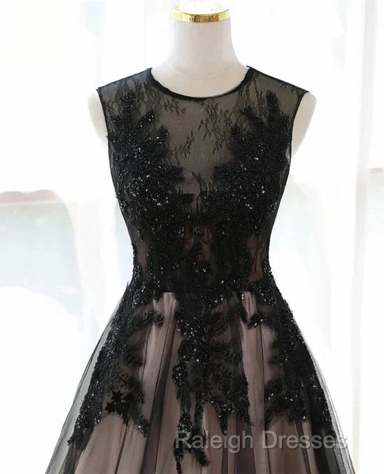 A-Line Tulle With Lace Round Neckline Floor Length Prom Dresses Black Prom Dresseses