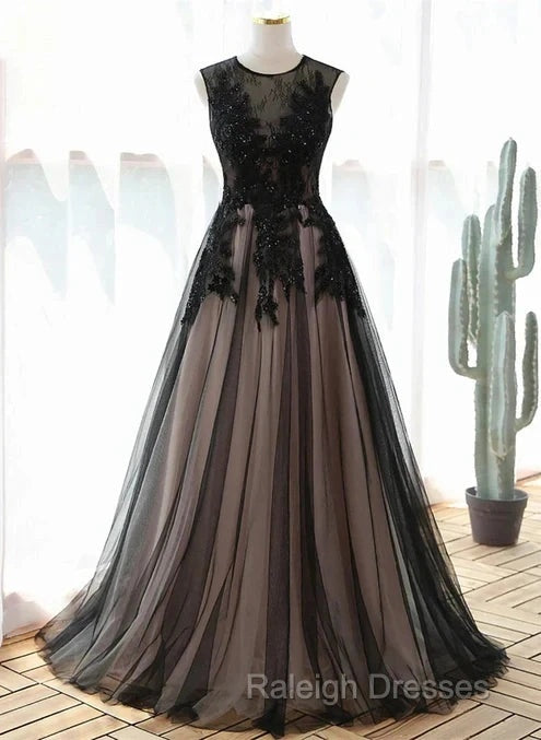 A-Line Tulle With Lace Round Neckline Floor Length Prom Dresses Black Prom Dresseses