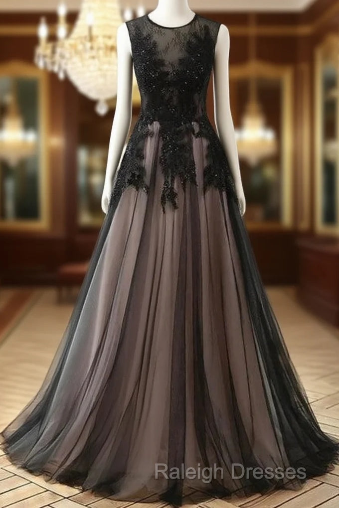 A-Line Tulle With Lace Round Neckline Floor Length Party Dress Black Prom Dress Formal Dress