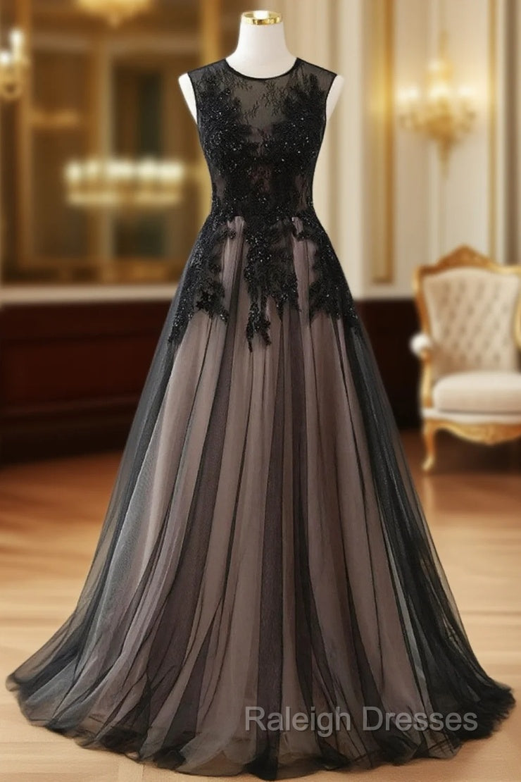 A-line Tulle with Lace Round Neckline Floor Length Party Dress, Black Prom Dress