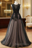 A-line Tulle with Lace Round Neckline Floor Length Party Dress, Black Prom Dress
